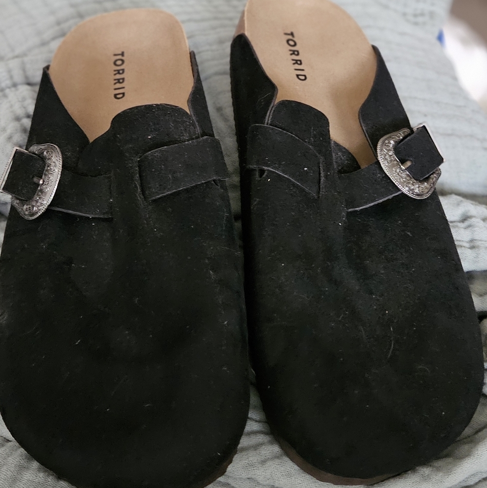 Torrid Black Suede Mules with Silver Buckle